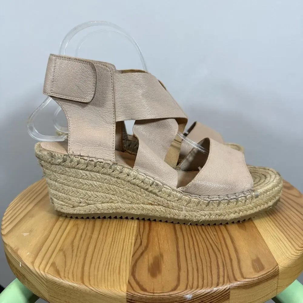 Eileen Fisher Nude Pink Leather Espadrille Wedge Sandals